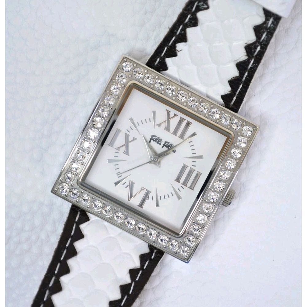 Folli Follie Women’s Square Crystal Bezel Watch – White Strap, Roman Numerals
